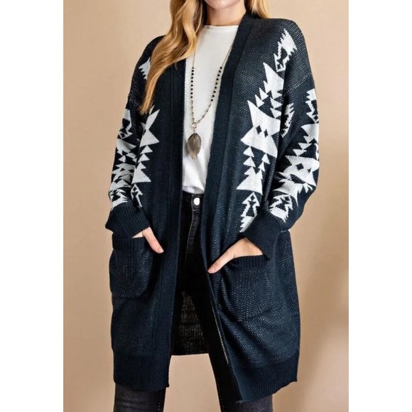 L Love Aztec print cardigan in dark teal & white - Picture 1 of 7